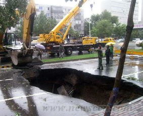 哈尔滨路面塌陷5米 挖掘机准备救援